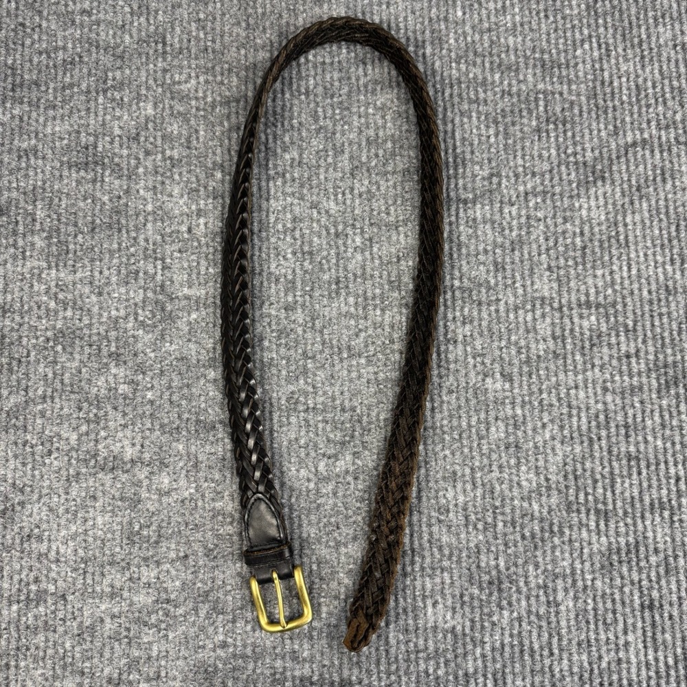 Black Woven Leather Braided Belt Womens M Solid Brass Buckle Classic - Picture 2 of 9